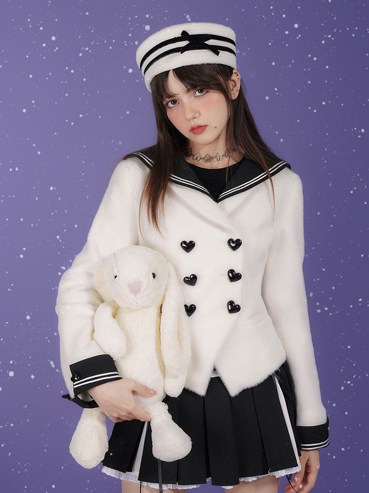 Milk Rabbit Velvet Eco-Fur Sailor Collar Heart Button Double-Breasted Jacket【s0000015359】