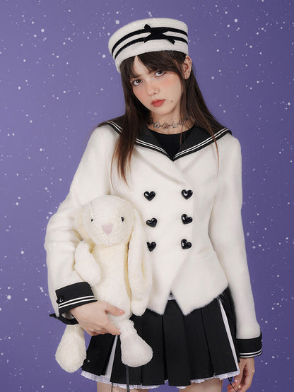 Milk Rabbit Velvet Eco-Fur Sailor Collar Heart Button Double-Breasted Jacket【s0000015359】