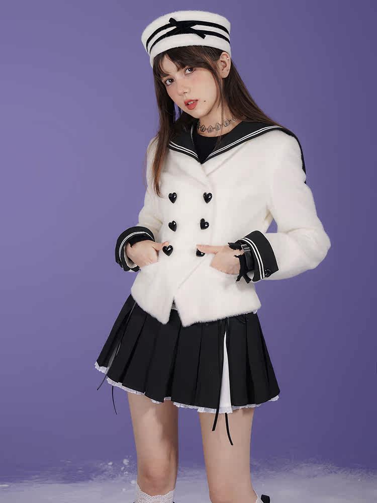 Milk Rabbit Velvet Eco-Fur Sailor Collar Heart Button Double-Breasted Jacket【s0000015359】