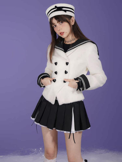 Milk Rabbit Velvet Eco-Fur Sailor Collar Heart Button Double-Breasted Jacket【s0000015359】