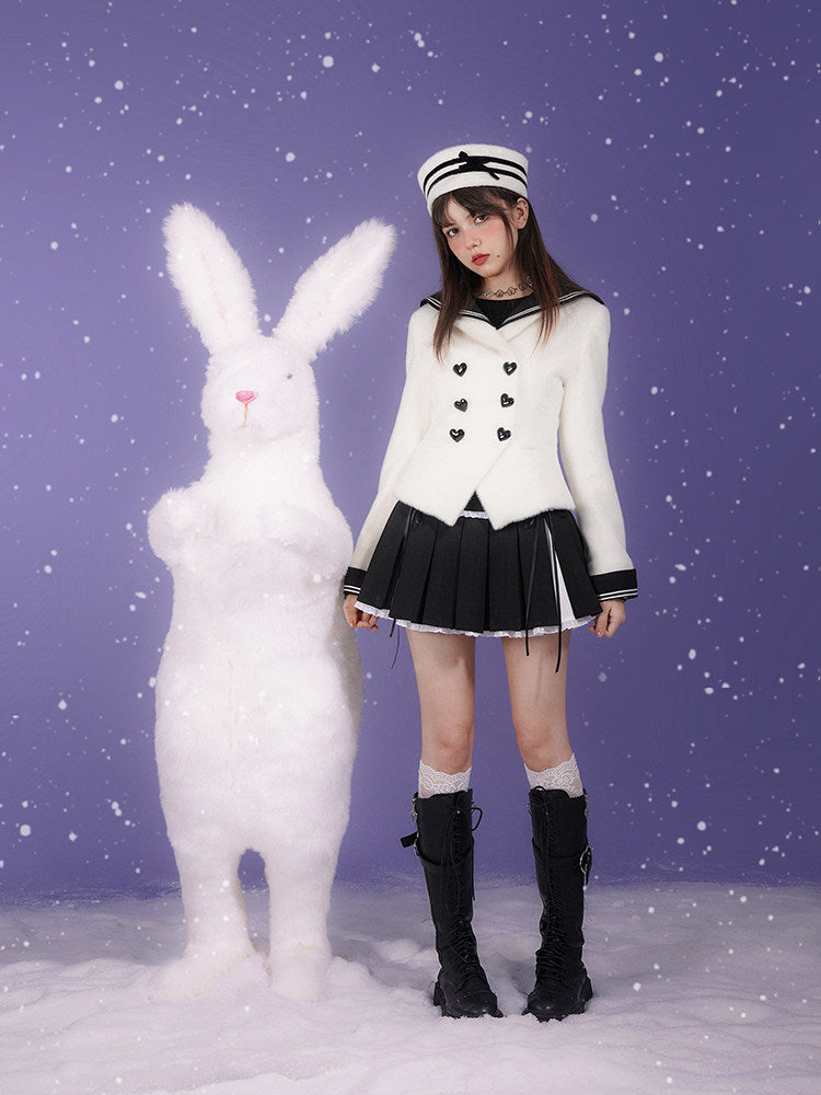 Milk Rabbit Velvet Eco-Fur Sailor Collar Heart Button Double-Breasted Jacket【s0000015359】