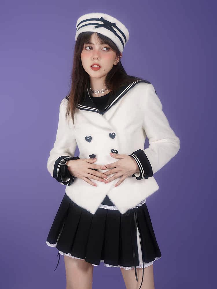 Milk Rabbit Velvet Eco-Fur Sailor Collar Heart Button Double-Breasted Jacket【s0000015359】