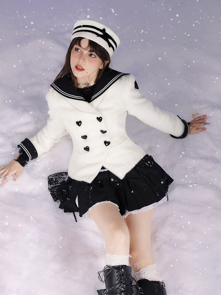 Milk Rabbit Velvet Eco-Fur Sailor Collar Heart Button Double-Breasted Jacket【s0000015359】