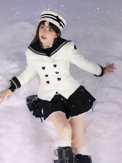 Milk Rabbit Velvet Eco-Fur Sailor Collar Heart Button Double-Breasted Jacket【s0000015359】