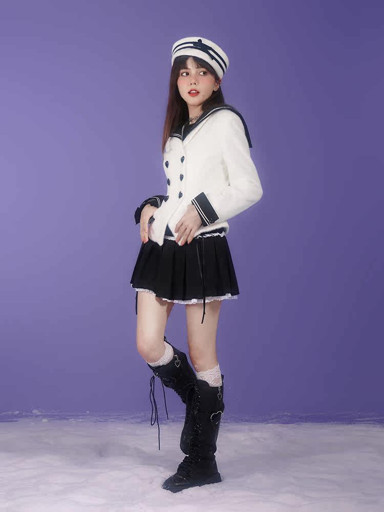 Milk Rabbit Velvet Eco-Fur Sailor Collar Heart Button Double-Breasted Jacket【s0000015359】