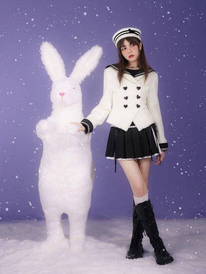 Milk Rabbit Velvet Eco-Fur Sailor Collar Heart Button Double-Breasted Jacket【s0000015359】