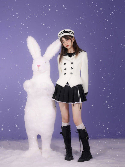 Milk Rabbit Velvet Eco-Fur Sailor Collar Heart Button Double-Breasted Jacket【s0000015359】