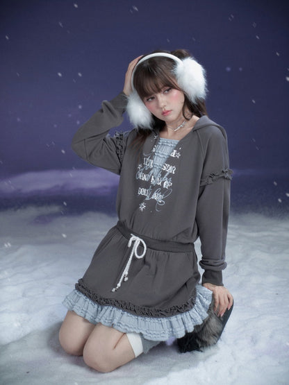 Winter Night Lake Hooded Sweat Loose Dress【s0000015360】