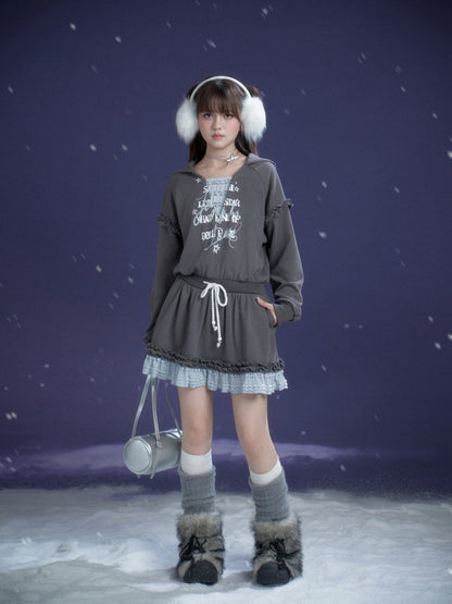 Winter Night Lake Hooded Sweat Loose Dress【s0000015360】
