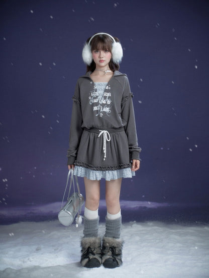 Winter Night Lake Hooded Sweat Loose Dress【s0000015360】