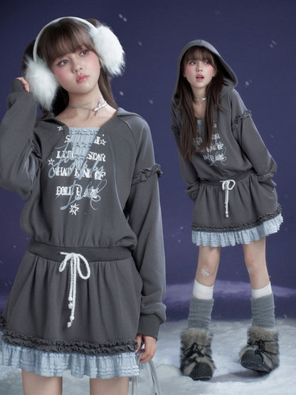 Winter Night Lake Hooded Sweat Loose Dress【s0000015360】