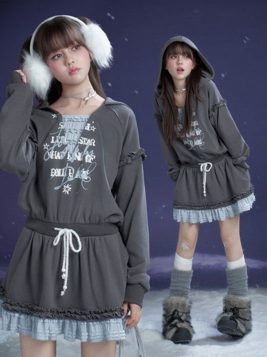Winter Night Lake Hooded Sweat Loose Dress【s0000015360】