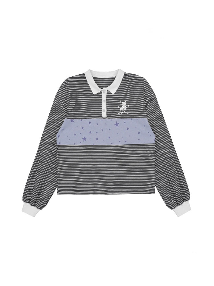 Preppy Style Striped Polo Collar Loose T-Shirt【s0000015362】