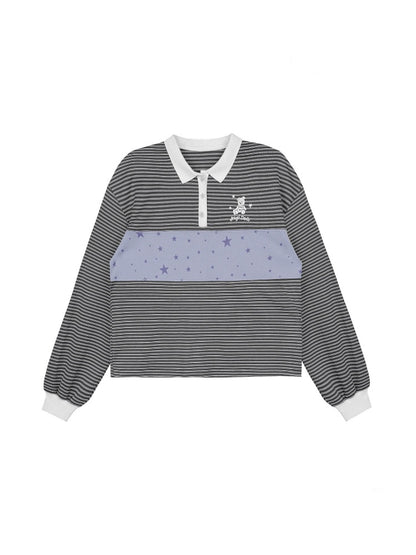Preppy Style Striped Polo Collar Loose T-Shirt【s0000015362】