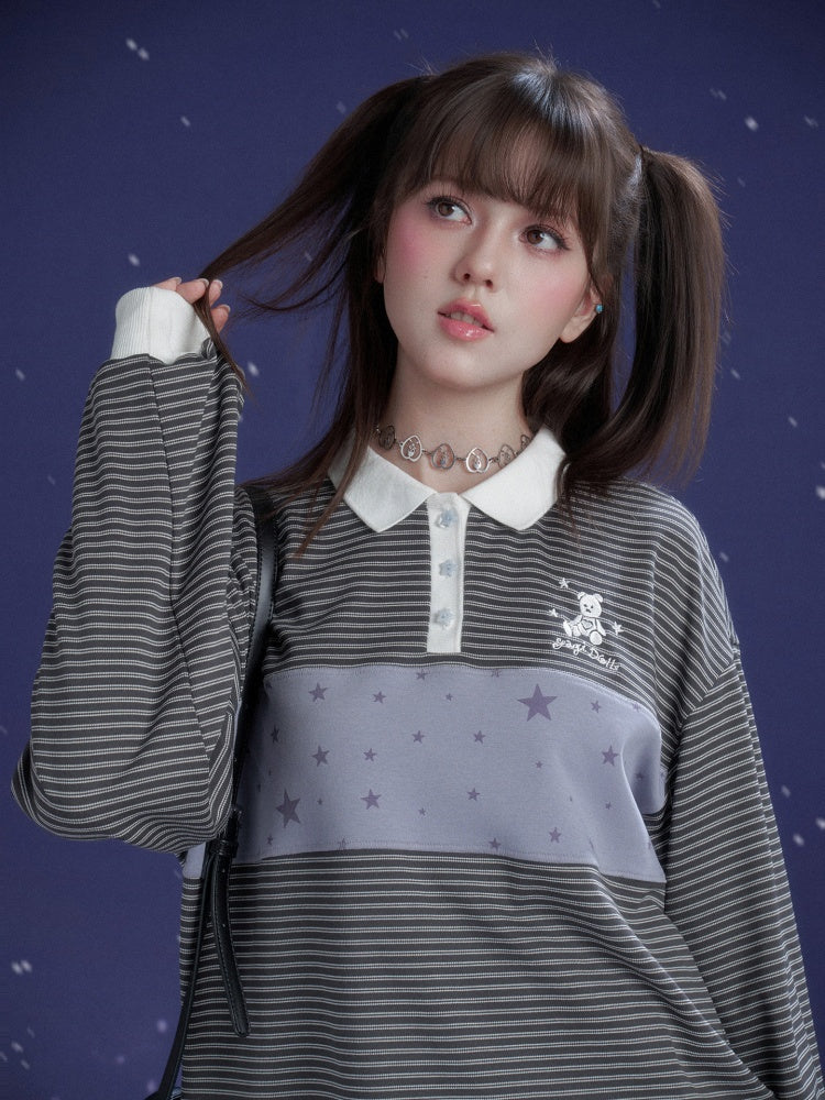Preppy Style Striped Polo Collar Loose T-Shirt【s0000015362】