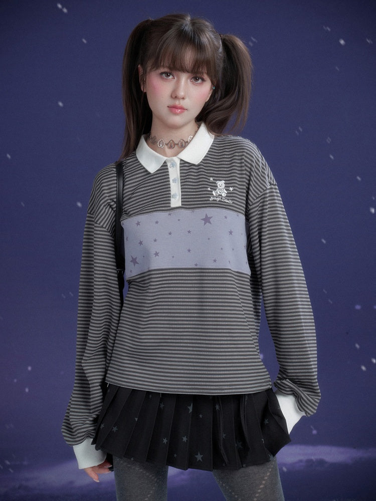 Preppy Style Striped Polo Collar Loose T-Shirt【s0000015362】
