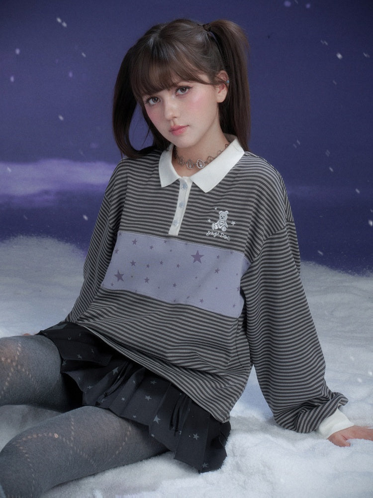 Preppy Style Striped Polo Collar Loose T-Shirt【s0000015362】