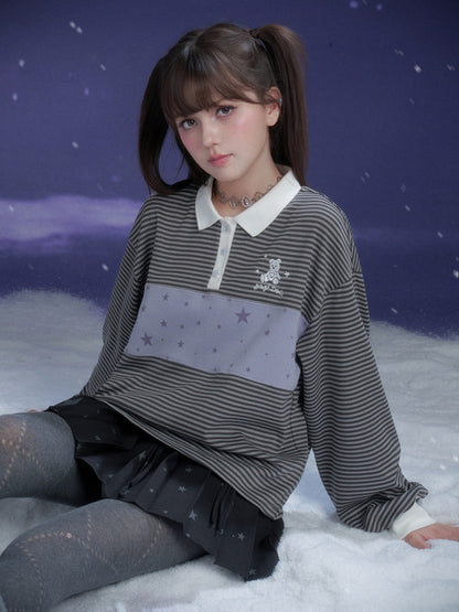 Preppy Style Striped Polo Collar Loose T-Shirt【s0000015362】