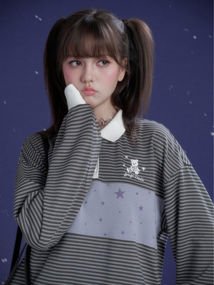 Preppy Style Striped Polo Collar Loose T-Shirt【s0000015362】