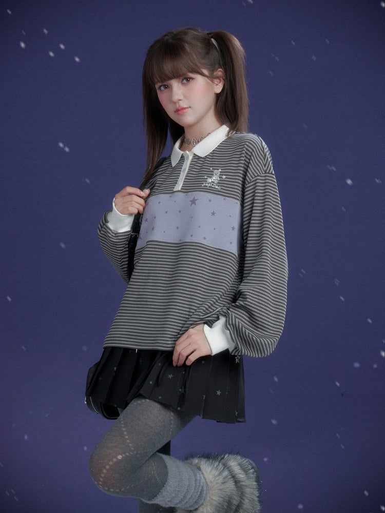 Preppy Style Striped Polo Collar Loose T-Shirt【s0000015362】