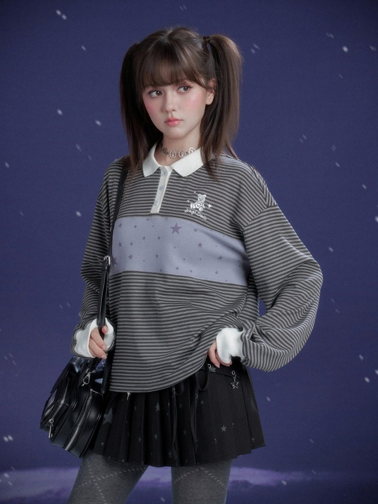 Preppy Style Striped Polo Collar Loose T-Shirt【s0000015362】