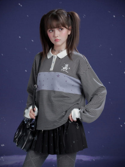 Preppy Style Striped Polo Collar Loose T-Shirt【s0000015362】