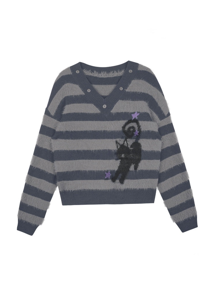 Striped Cat V-Neck Loose Sweater【s0000015366】