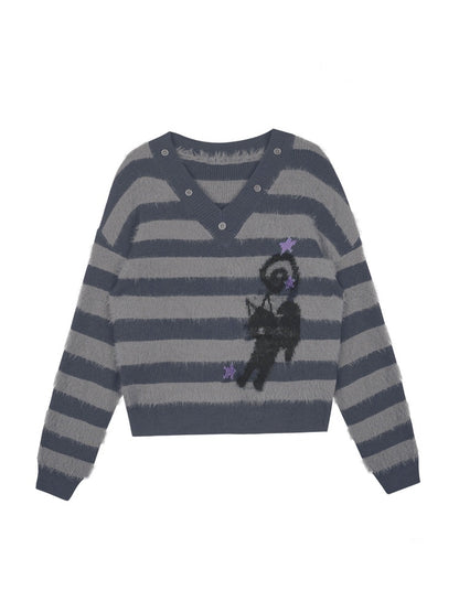 Striped Cat V-Neck Loose Sweater【s0000015366】