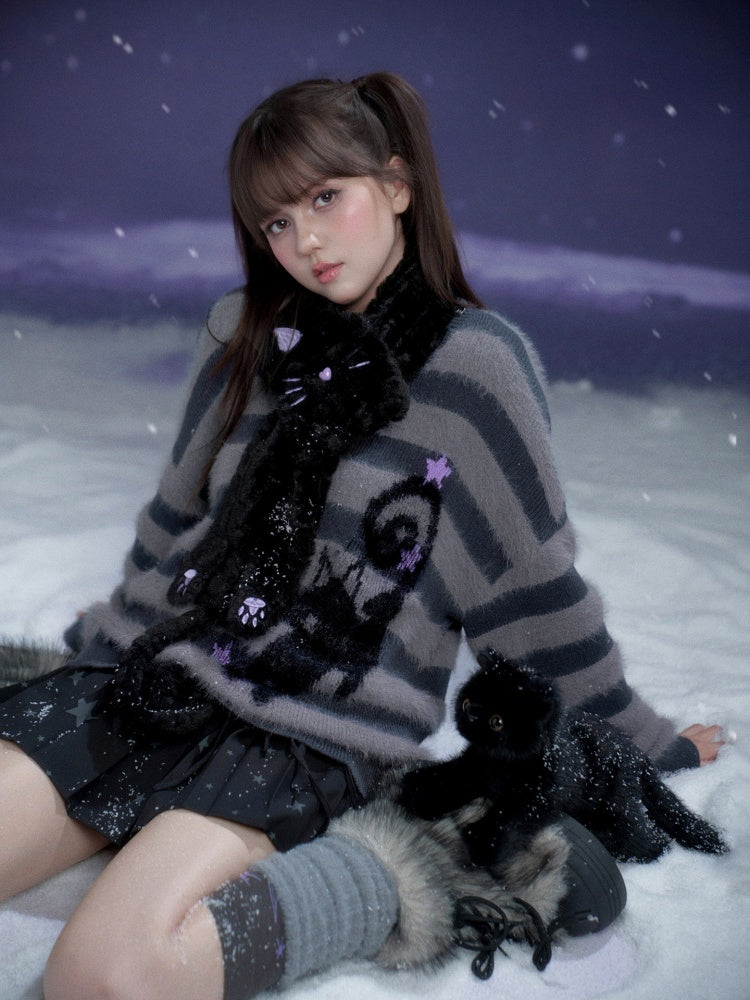 Striped Cat V-Neck Loose Sweater【s0000015366】