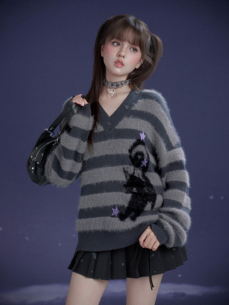 Striped Cat V-Neck Loose Sweater【s0000015366】