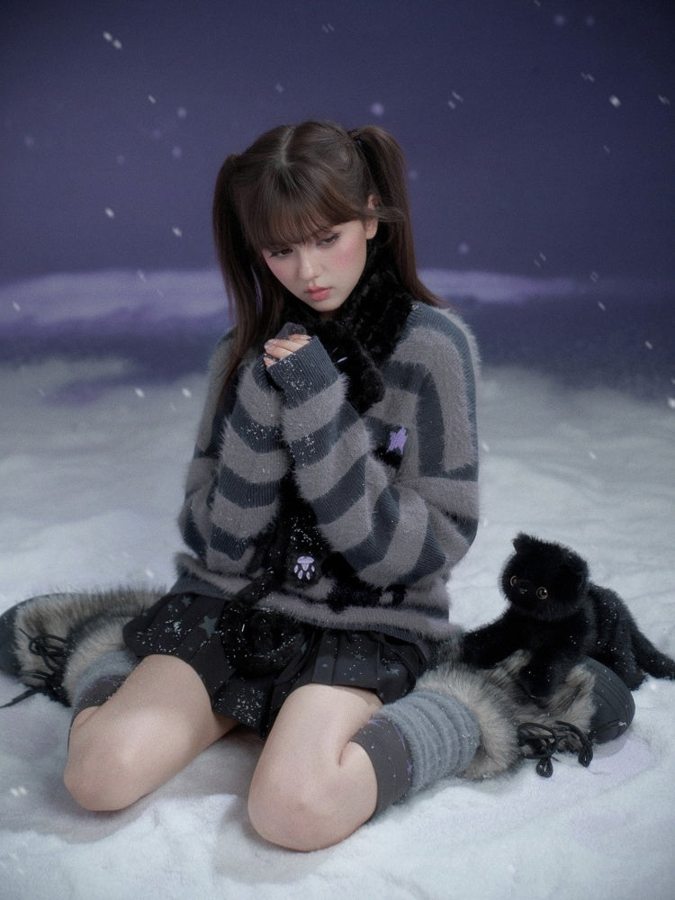 Striped Cat V-Neck Loose Sweater【s0000015366】