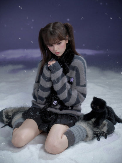 Striped Cat V-Neck Loose Sweater【s0000015366】