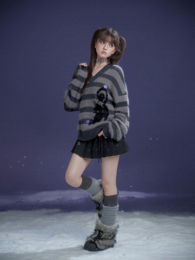 Striped Cat V-Neck Loose Sweater【s0000015366】
