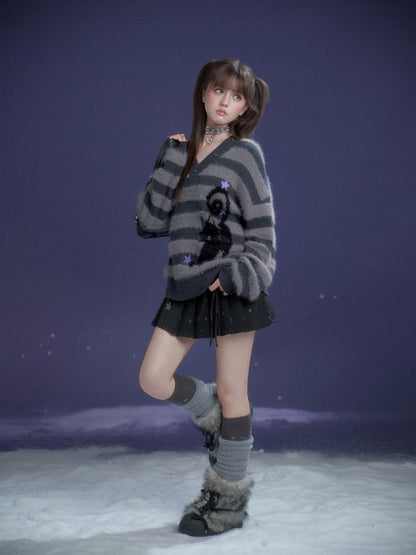 Striped Cat V-Neck Loose Sweater【s0000015366】