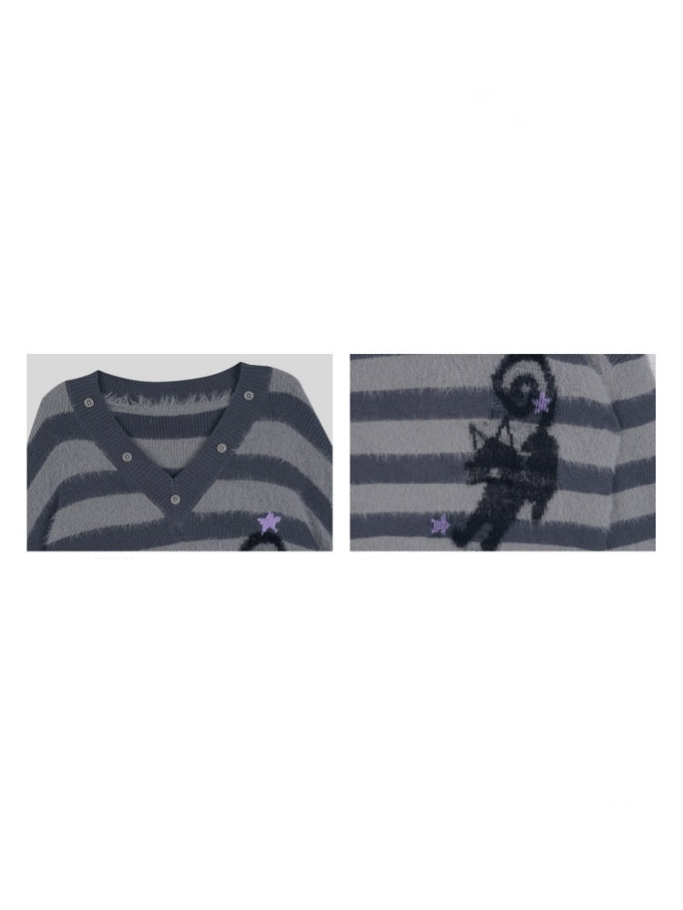 Striped Cat V-Neck Loose Sweater【s0000015366】