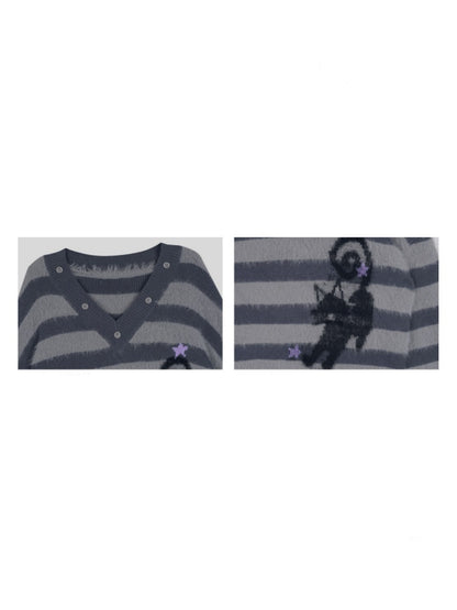 Striped Cat V-Neck Loose Sweater【s0000015366】