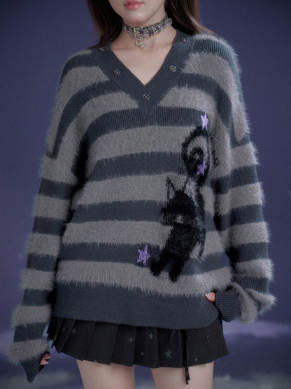 Striped Cat V-Neck Loose Sweater【s0000015366】