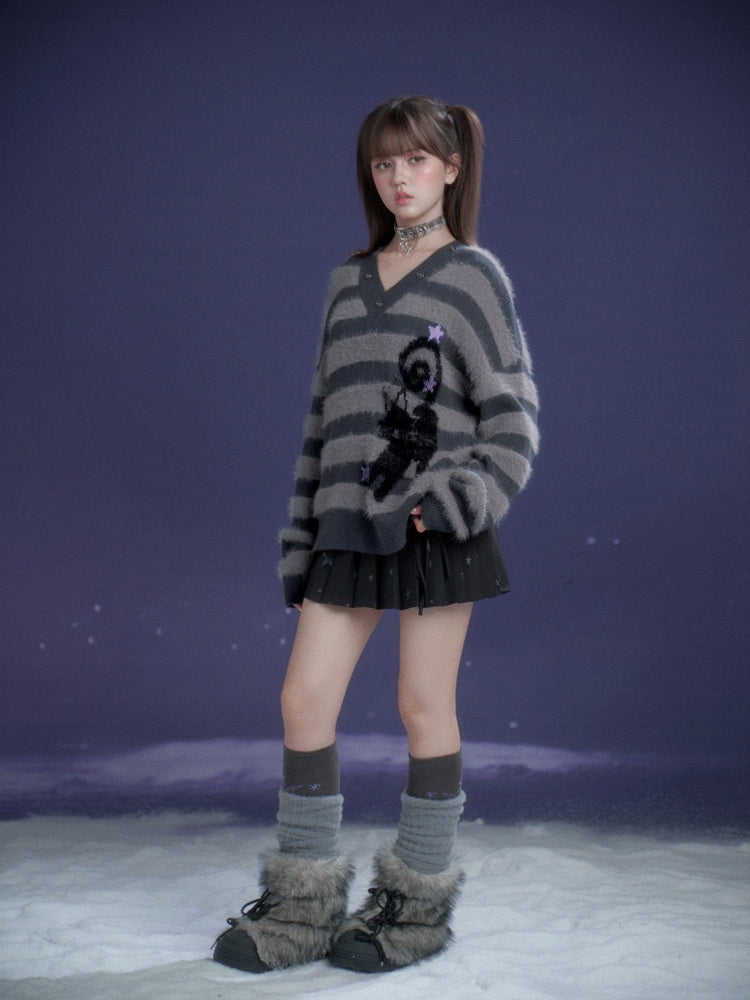 Striped Cat V-Neck Loose Sweater【s0000015366】
