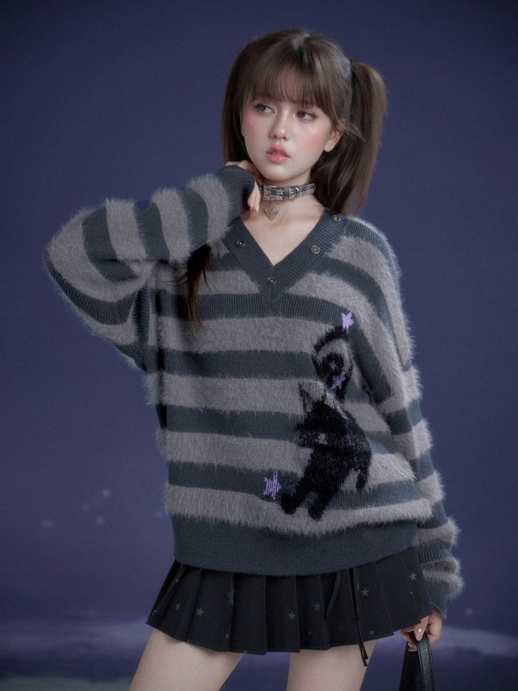 Striped Cat V-Neck Loose Sweater【s0000015366】