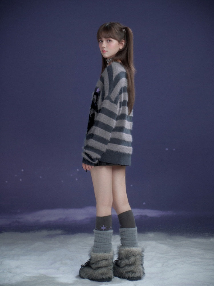 Striped Cat V-Neck Loose Sweater【s0000015366】