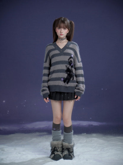 Striped Cat V-Neck Loose Sweater【s0000015366】