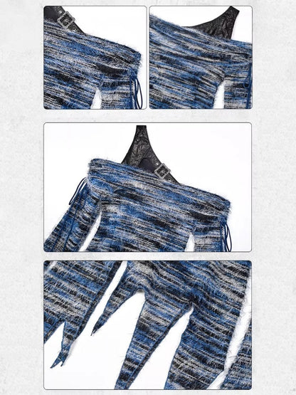 Punk Style Slim Long Sleeves Irregular One-Shoulder Knitted Top【s0000015476】