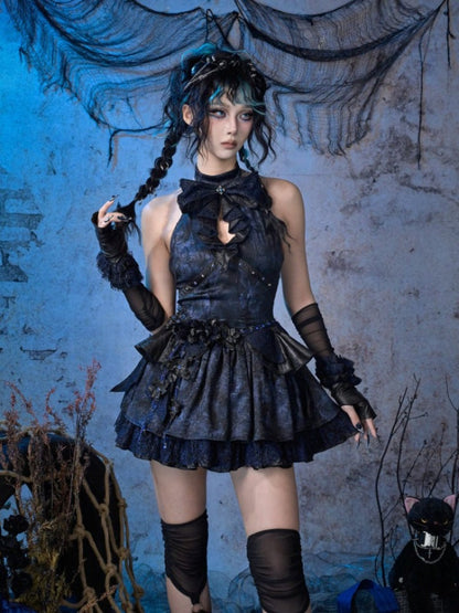 Punk Lace Style Bow Glitter Halter-Neck Dress【s0000015477】