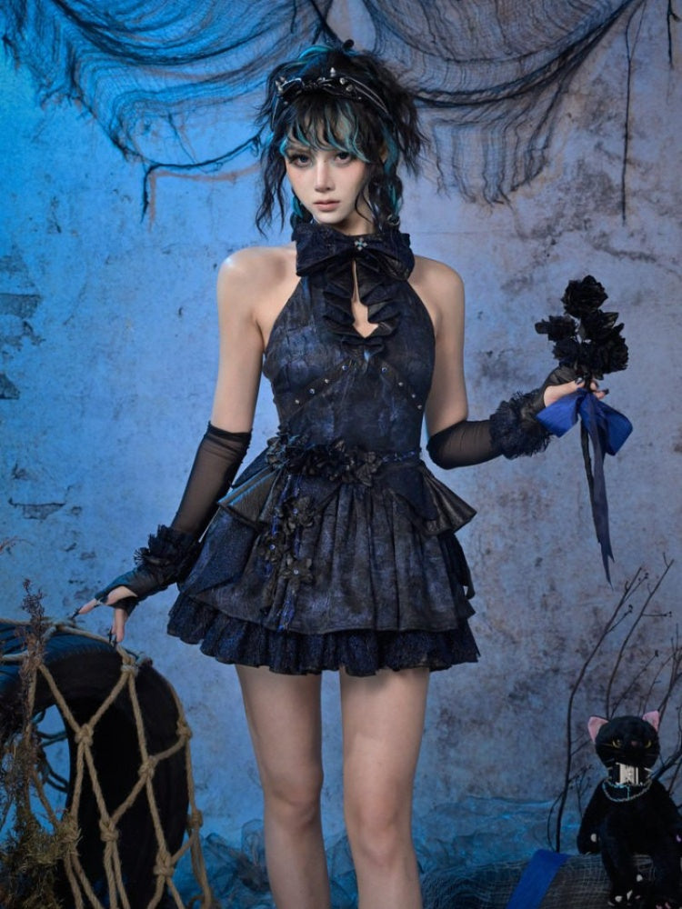 Punk Lace Style Bow Glitter Halter-Neck Dress【s0000015477】