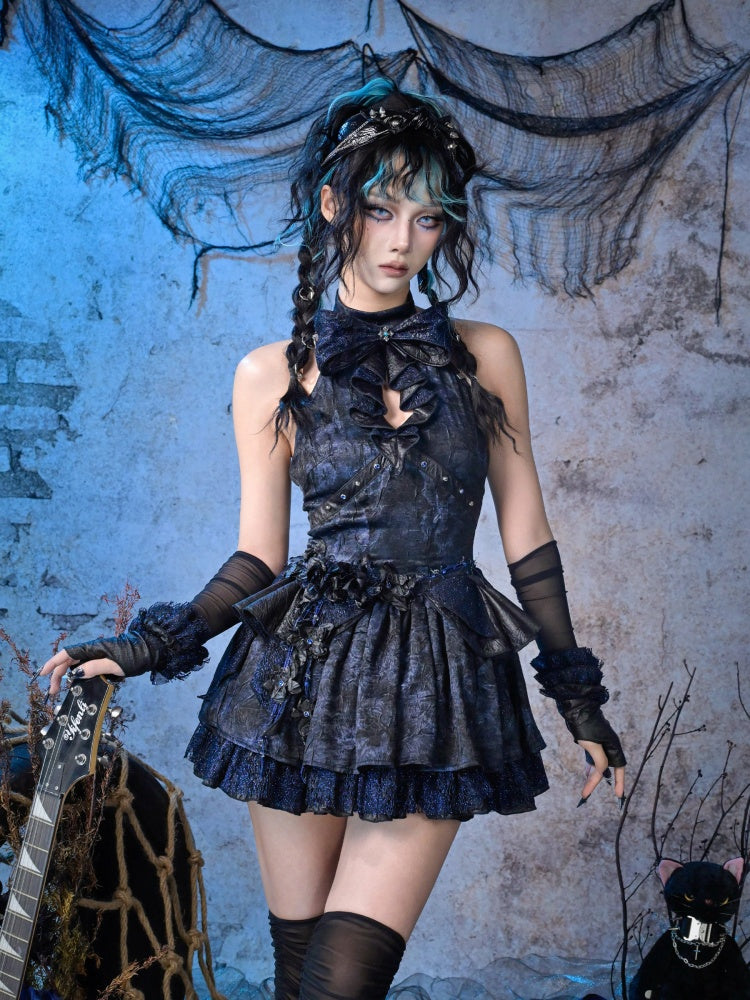 Punk Lace Style Bow Glitter Halter-Neck Dress【s0000015477】