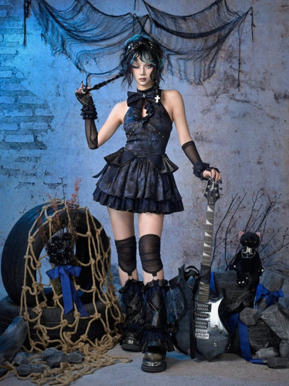 Punk Lace Style Bow Glitter Halter-Neck Dress【s0000015477】