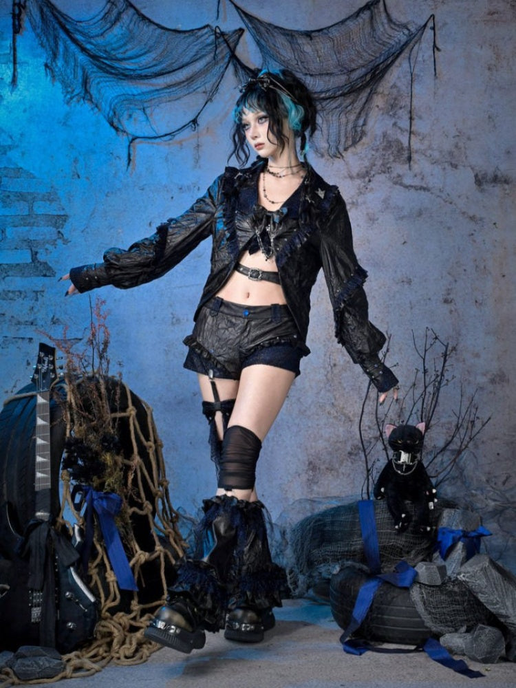 Spice Rock Rivet Wrinkled Glitter Pleated Thin Jacket【s0000015479】