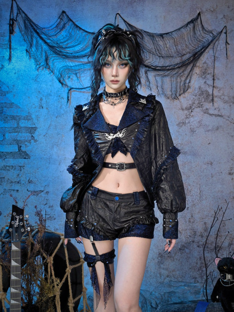 Spice Rock Rivet Wrinkled Glitter Pleated Thin Jacket【s0000015479】