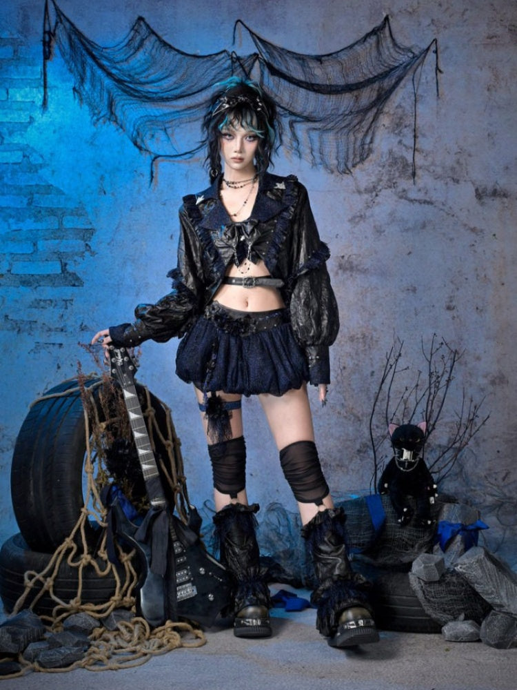 Spice Rock Rivet Wrinkled Glitter Pleated Thin Jacket【s0000015479】