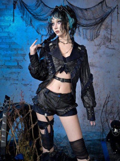 Spice Rock Rivet Wrinkled Glitter Pleated Thin Jacket【s0000015479】